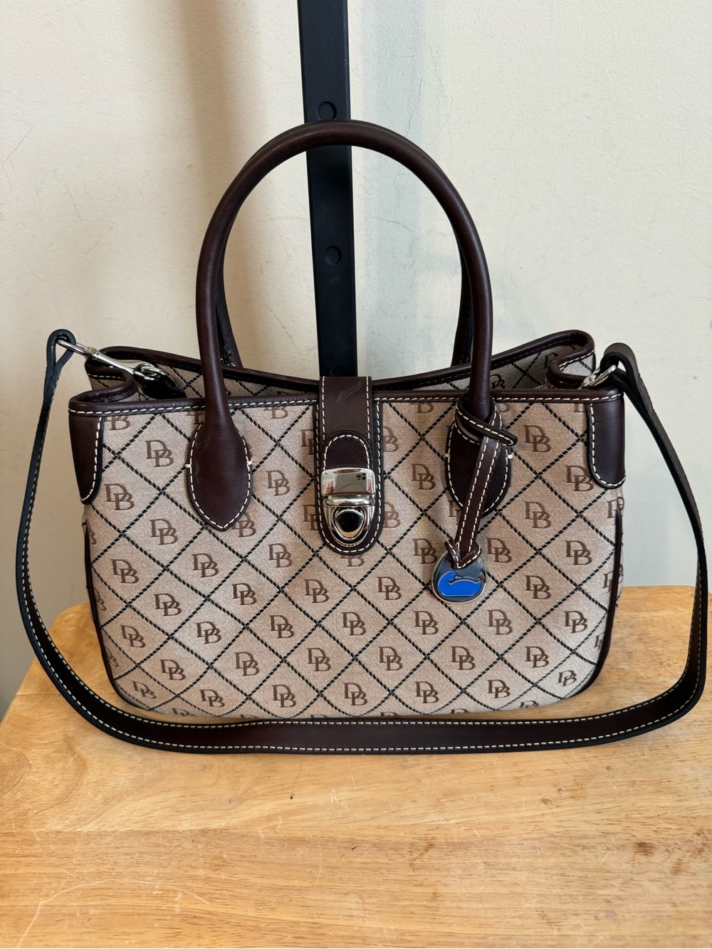Vintage Dooney & Bourke Beige Monogram Satchel with Brown Trim